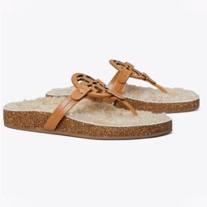 Tory Burch Tan Logo Sandals with Shearling Footbed